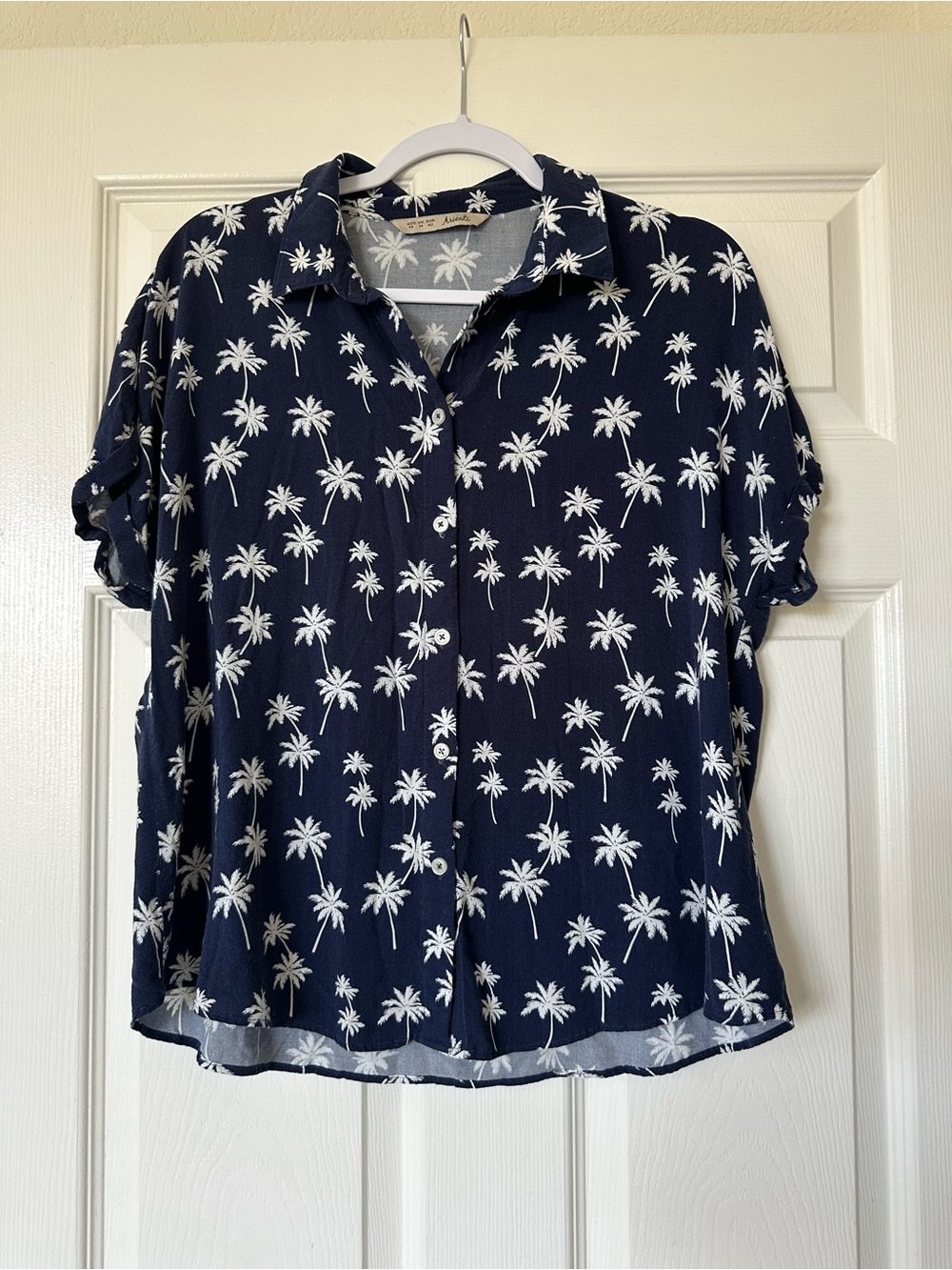Arienti Palm Tree Button Down Navy Short Sleeve Collared Shirt